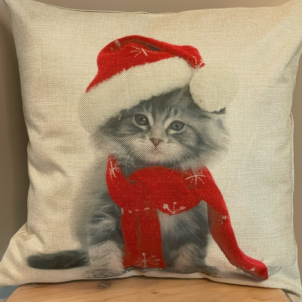 New Handmade Decorative Throw Festive Cat Holiday Pillow - Red and Gray